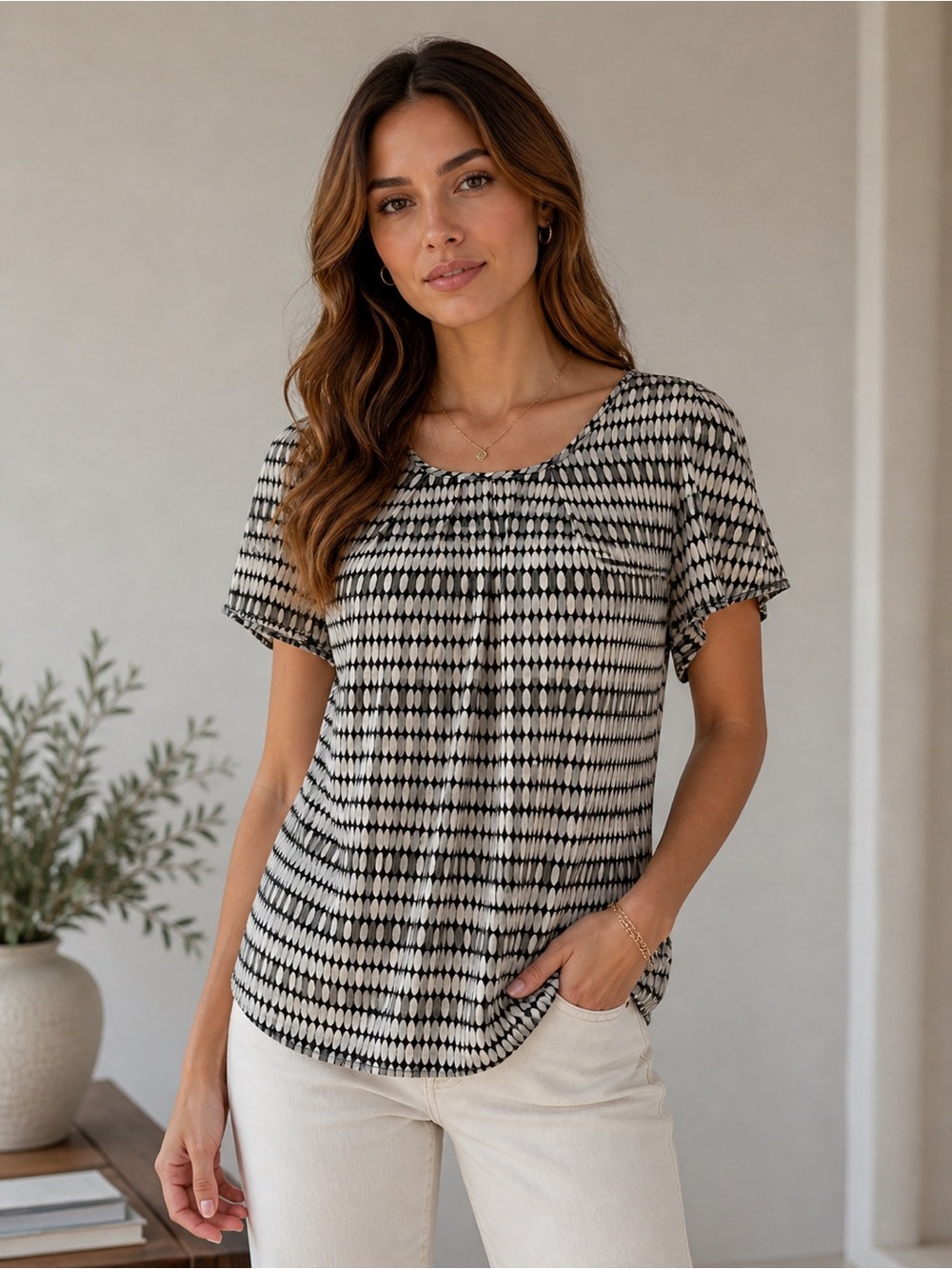 Spense Black and White Patterned Blouse